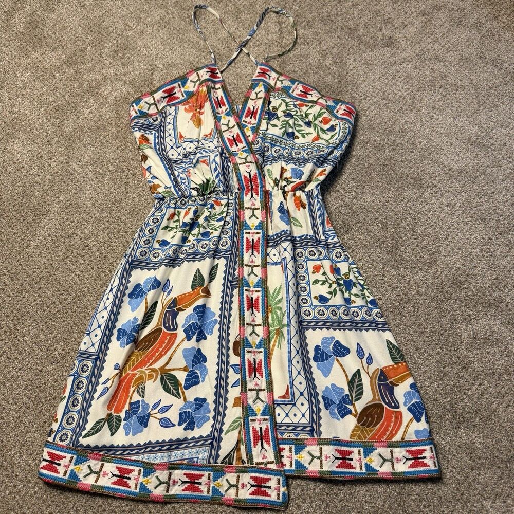 FARM RIO Tropical Tiles Embroidered Crepe Mini Dress Multicolor Toucan Sz XS